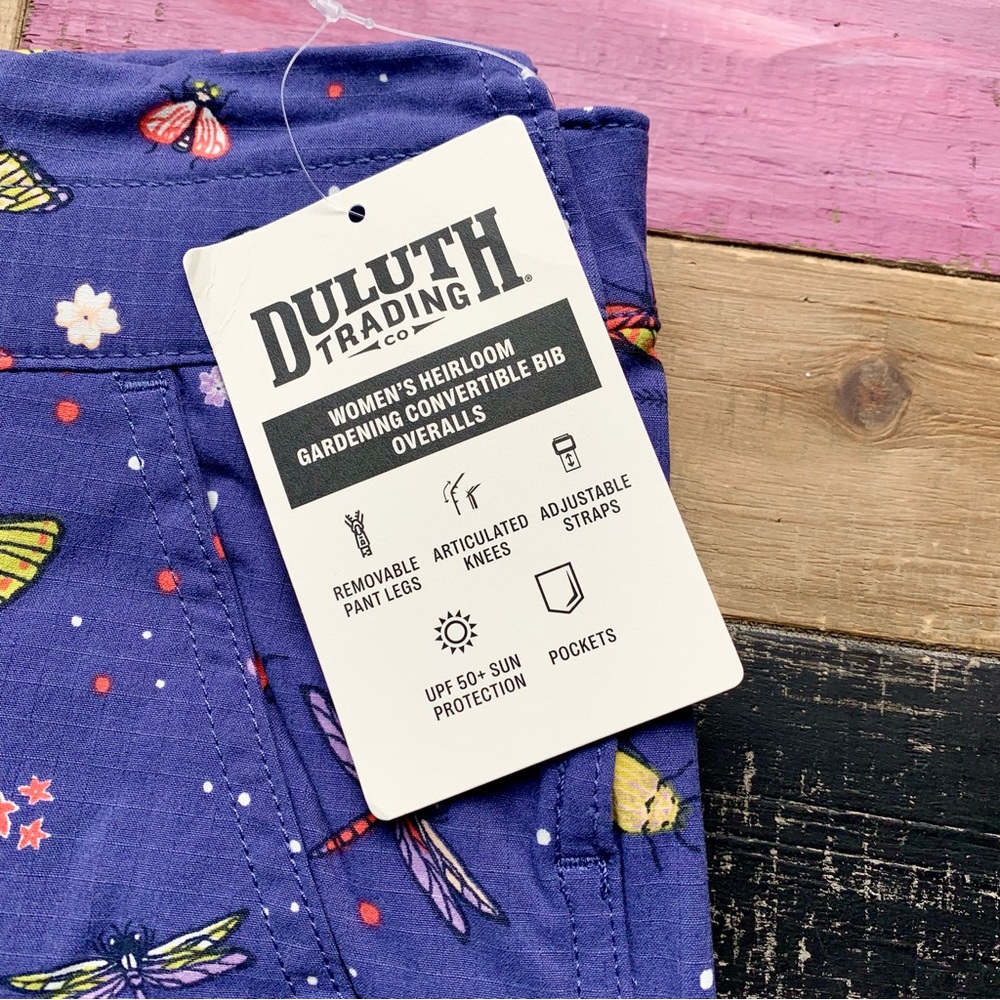 NWT Duluth Small Heirloom Gardening Convertible Bib Overalls Indigo Backyard Bug - Picture 3 of 11
